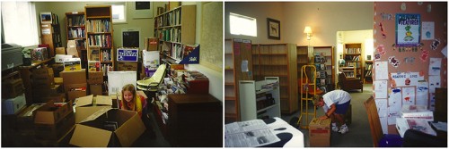 Lizzie Wasileska and Luke Blecha were the youngest volunteers to assist with the mammoth job of packing and moving all the books and furniture prior to the remodeling.