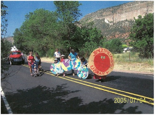 The library float in the Fourth of July parade in 2005 was a bookworm.