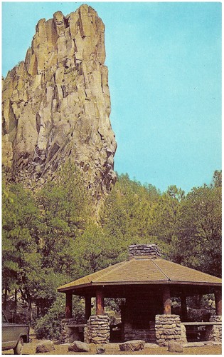 Battleship Rock, Jemez Mountains, New Mexico To the west of Santa Fe, the beautiful Jemez Mountains with their many recreational facilities are enjoyed by visitors and natives, while studying this area with its history of long ago. Courtesy by N.M. State Park Dept./Distributed by Southwest Post Card Co.