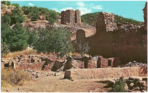 Jemez State Monument, New Mexico This Monument contains the Ruins of the ancient Indian Pueblo of Guisewa and of the Franciscan Mission which was founded in 1617 and 1621. The Pueblo first visited by Coronado in 1541 was abandoned between 1680 and 1694. Color by Don Kolkmeyer/Distributed by Southwest Post Card Co.