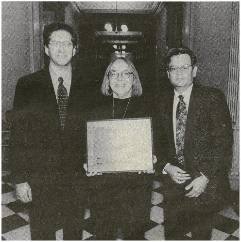 CAPTION FOR PLAQUE AWARDED- DECEMBER 1, 1997 PLAQUE AWAREDED - National Civic League President Chris Gates, Jemez Thunder editor Kathleen Wiegner and Mayor David Sanchez were in Washington, DC, to receive the All-American City Award on Nov. 18. The Mayor was congratulated by Vice President Al Gore at the ceremony, which honored winners of the All-American City Award for the past three years. Jemez Springs won the award in 1995. Photo courtesy of National Civic League